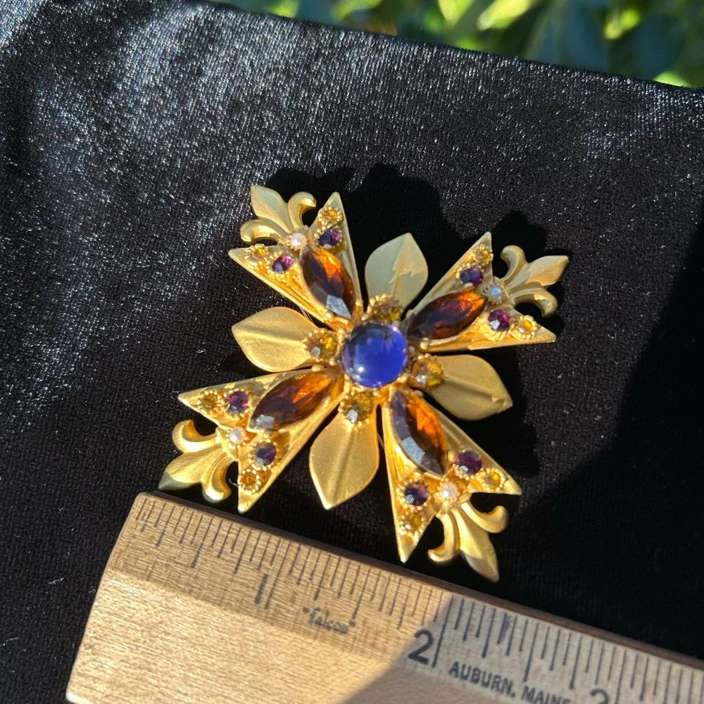Maltese Cross with Fleur de Lis Brooch Rhinestone Purple Brown Gold Signed